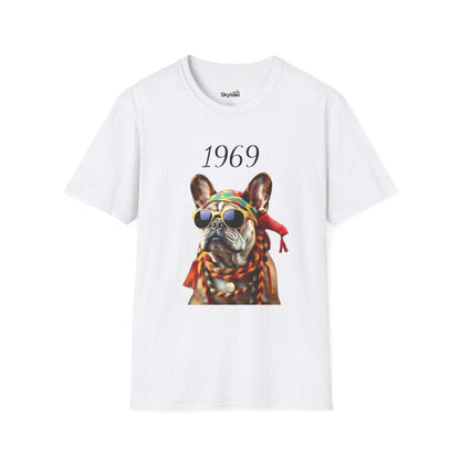 Vintage T shirt featuring a colorful 1969 French bulldog portrait with sunglasses and headscarf on a lightweight cotton tee