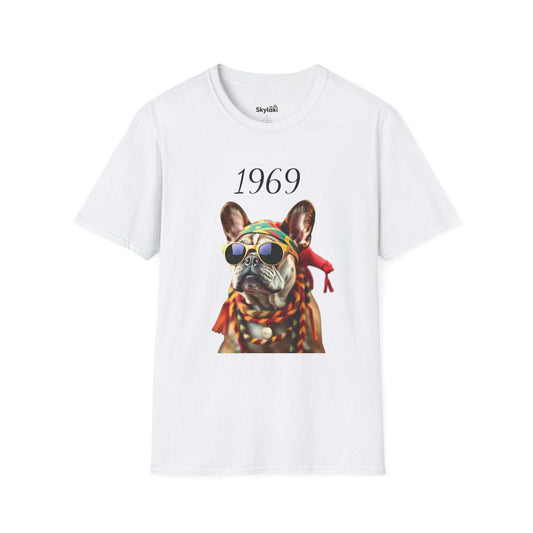 Vintage T shirt featuring a colorful 1969 French bulldog portrait with sunglasses and headscarf on a lightweight cotton tee
