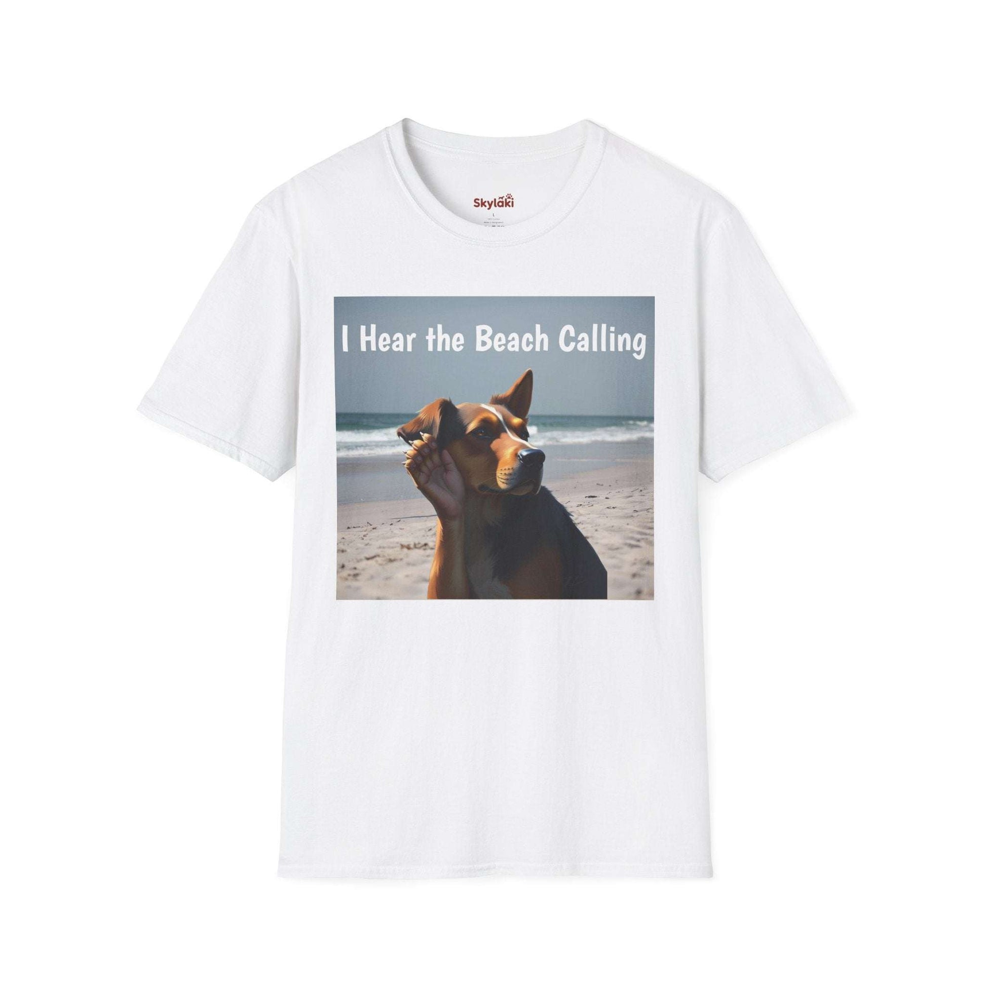 Dog Lovers Unisex Softstyle T-Shirt with "I Hear the Beach Calling" design, showcasing a dog on a beach, perfect for pet enthusiasts and beach lovers.