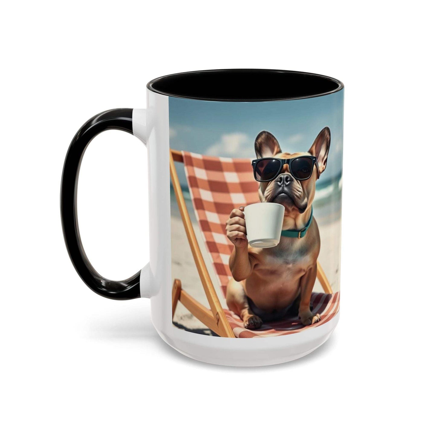 Beach Dog Accent Coffee Mug with stylish dog lounging on the beach, ideal for pet lovers and summer vibes.