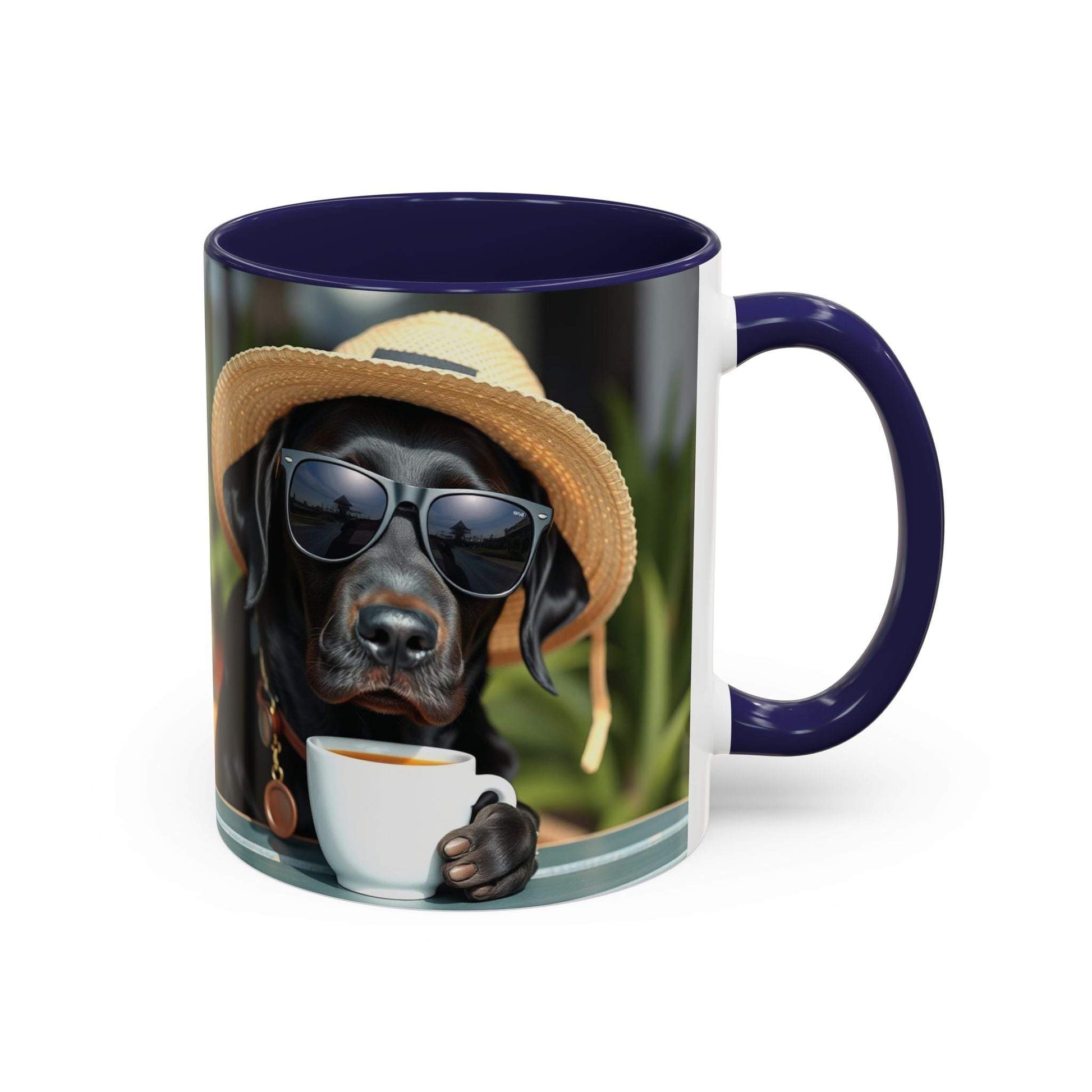 Coffee mug with playful dog design wearing sunglasses and a hat, perfect for pet lovers, available in 11oz and 15oz sizes.