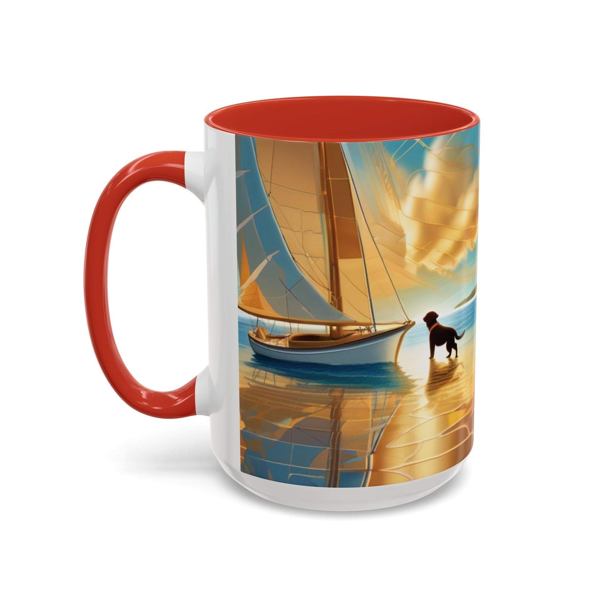 Serene Sunset Dog Lover's Mug with sailboat and dog art, 11oz & 15oz sizes.