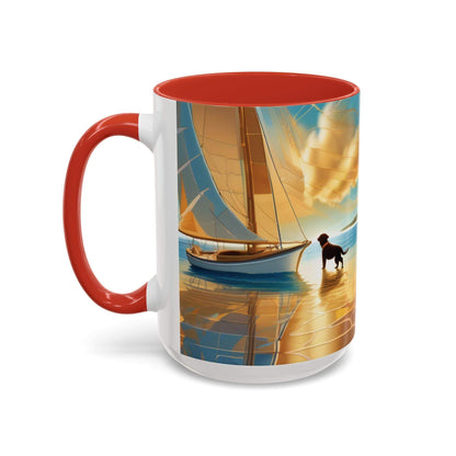 Serene Sunset Dog Lover's Mug with sailboat and dog art, 11oz & 15oz sizes.
