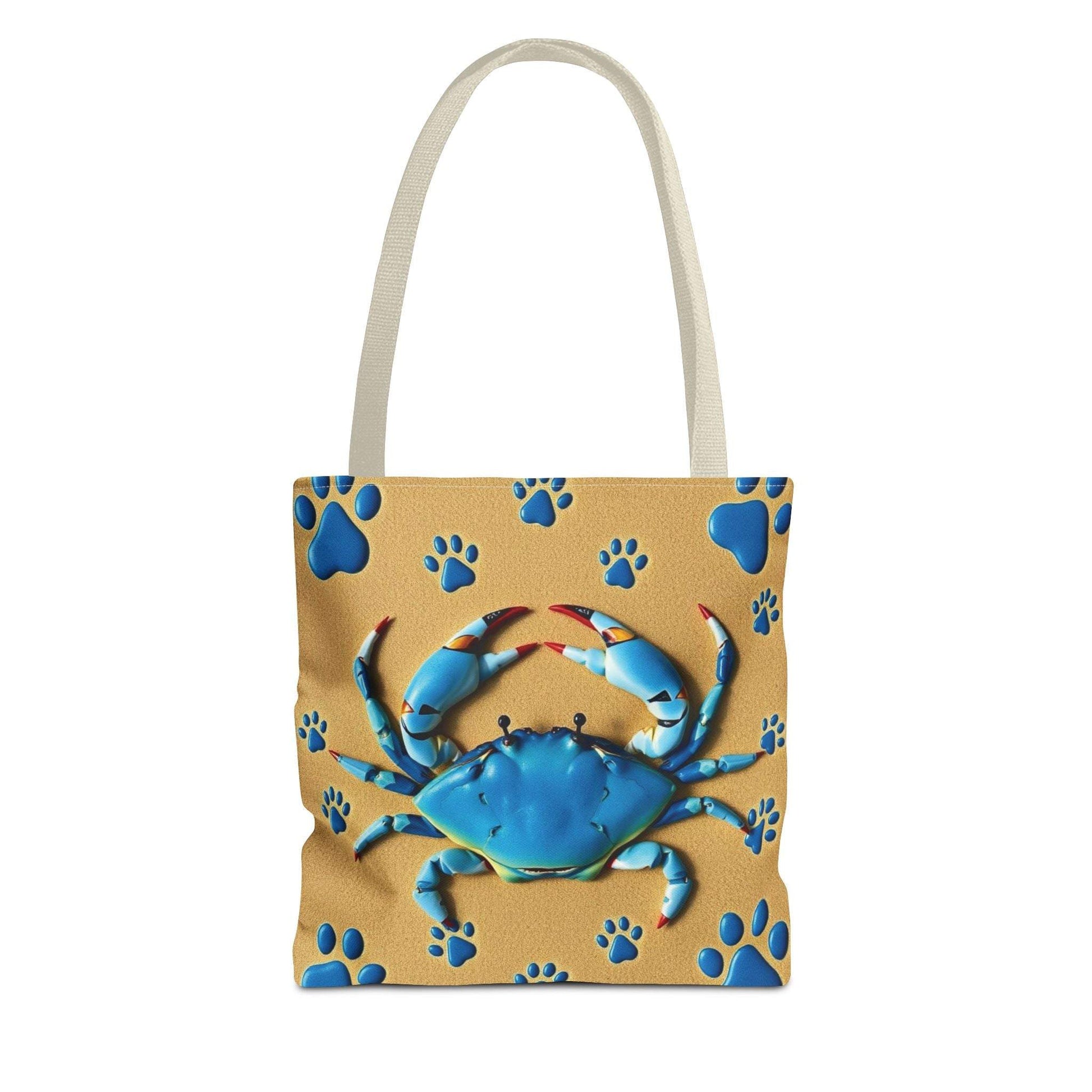 Blue Crab Pattern Tote Bag with beach design, ideal for summer adventures.