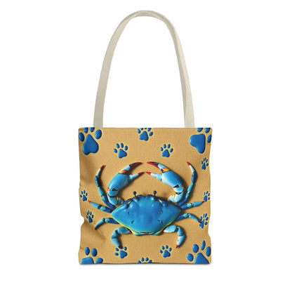 Blue Crab Pattern Tote Bag with beach design, ideal for summer adventures.