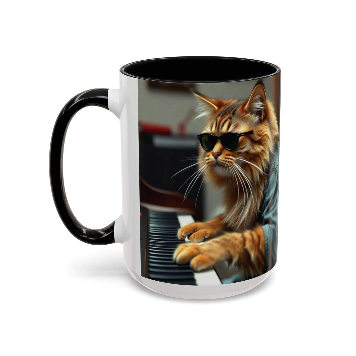 Cool Cat Musician Coffee Mug with cat playing piano design, ideal gift for cat lovers.
