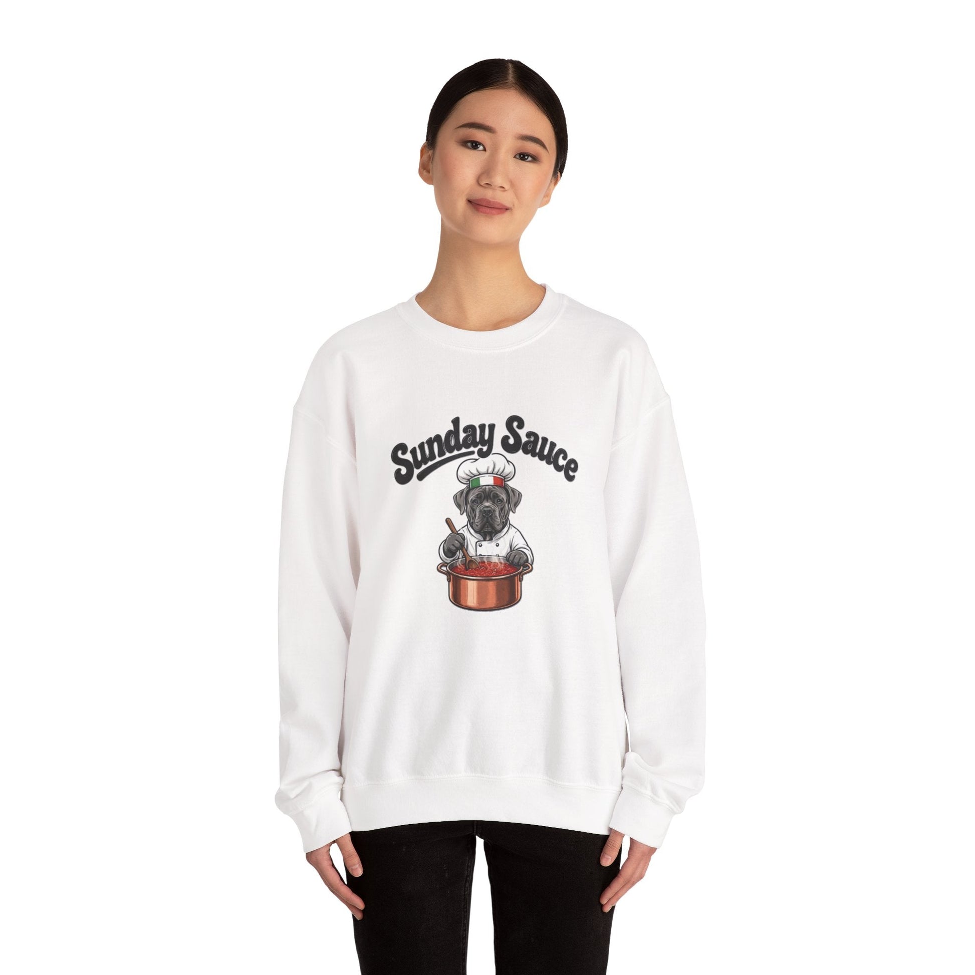 White Sunday Sauce sweatshirt with Italian dog chef embroidery, cozy unisex crewneck by Skylaki Brand