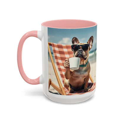 Beach Dog Accent Coffee Mug with dog relaxing on a beach chair, ideal for pet lovers and summer vibes.