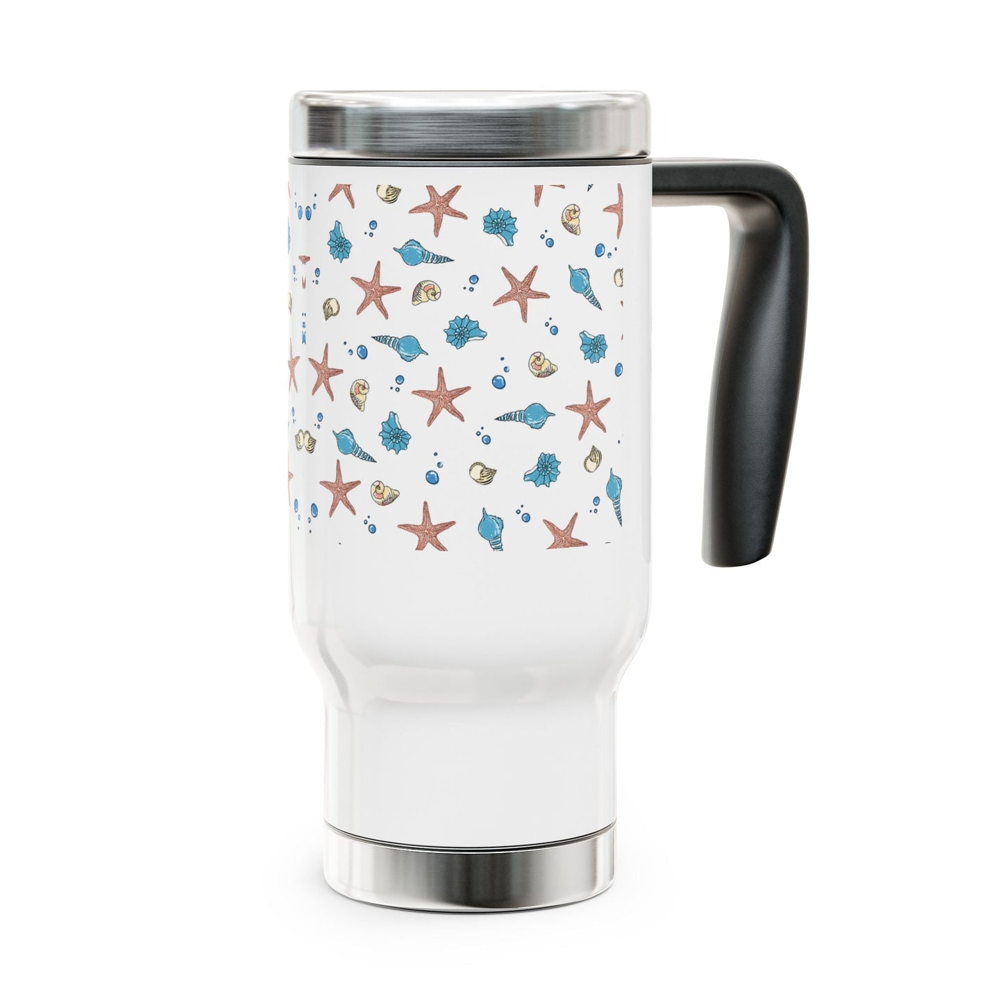 Beach-themed stainless steel coffee mug with handle, 14oz capacity, featuring a glossy white enamel finish and spill-resistant cap.