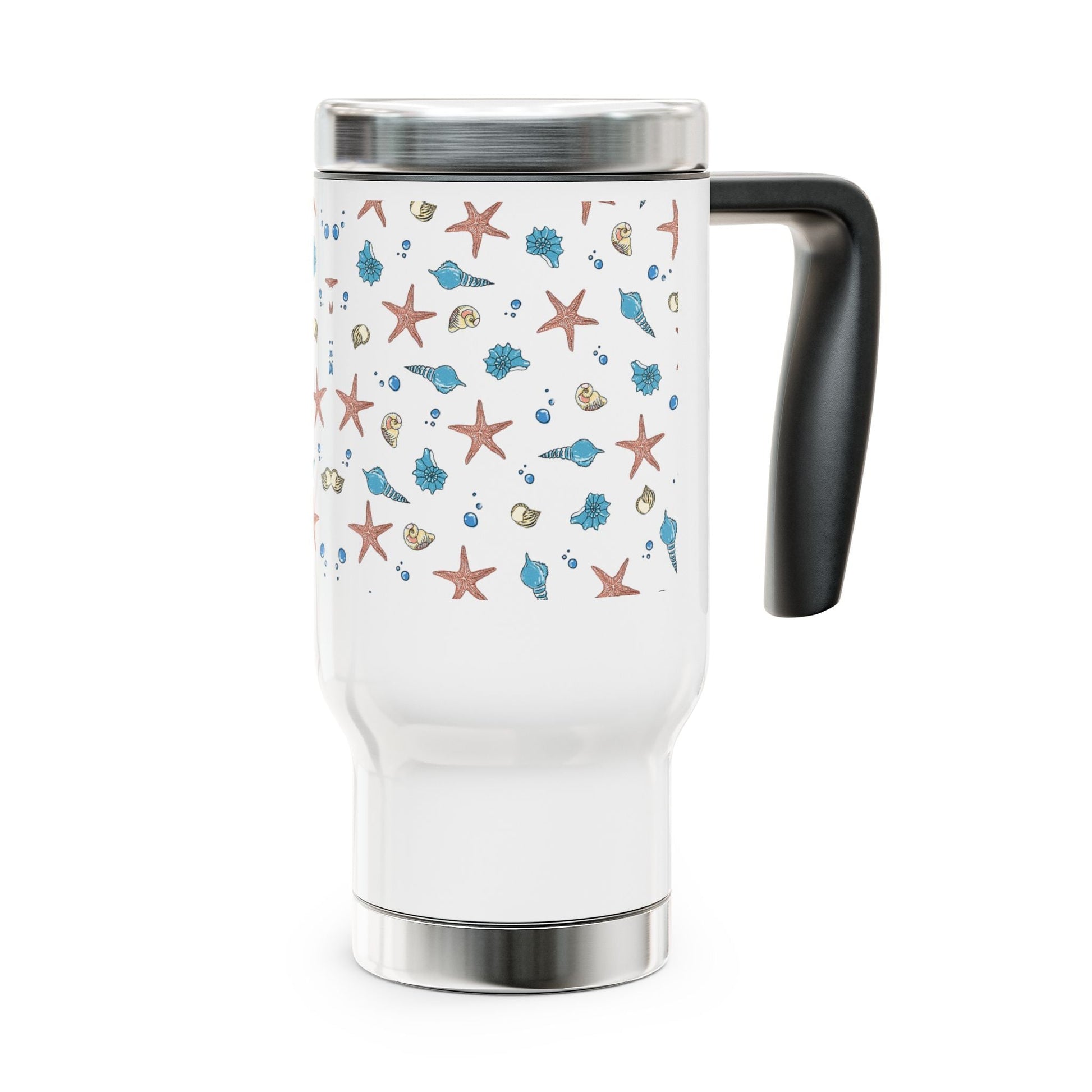 Beach-themed stainless steel coffee mug with handle, 14oz capacity, featuring a glossy white enamel finish and spill-resistant cap.