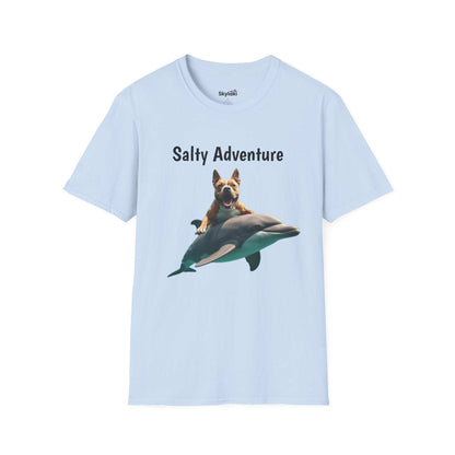 Unisex softstyle t-shirt with "Salty Adventure" graphic featuring dog on dolphin, perfect for fun beach life enthusiasts.