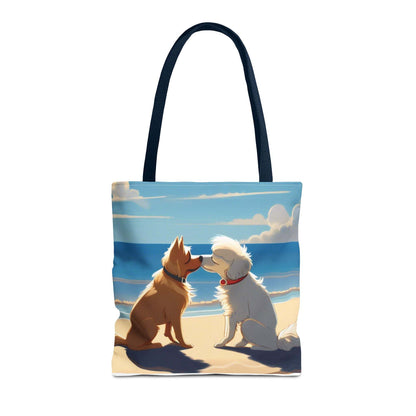 Stylish everyday tote bag with dogs on a beach design, multiple handle colors, and durable polyester fabric.
