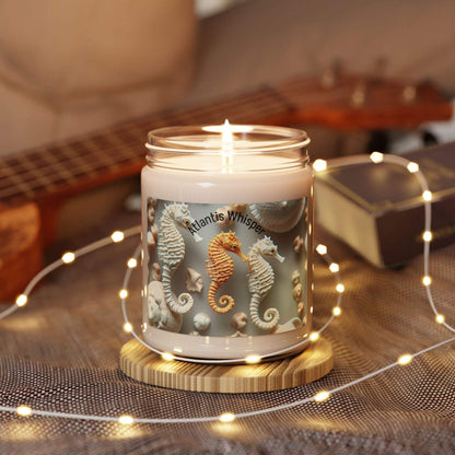Ocean-inspired scented soy candle in a 9oz jar, featuring a glowing wick and reusable glass vessel.