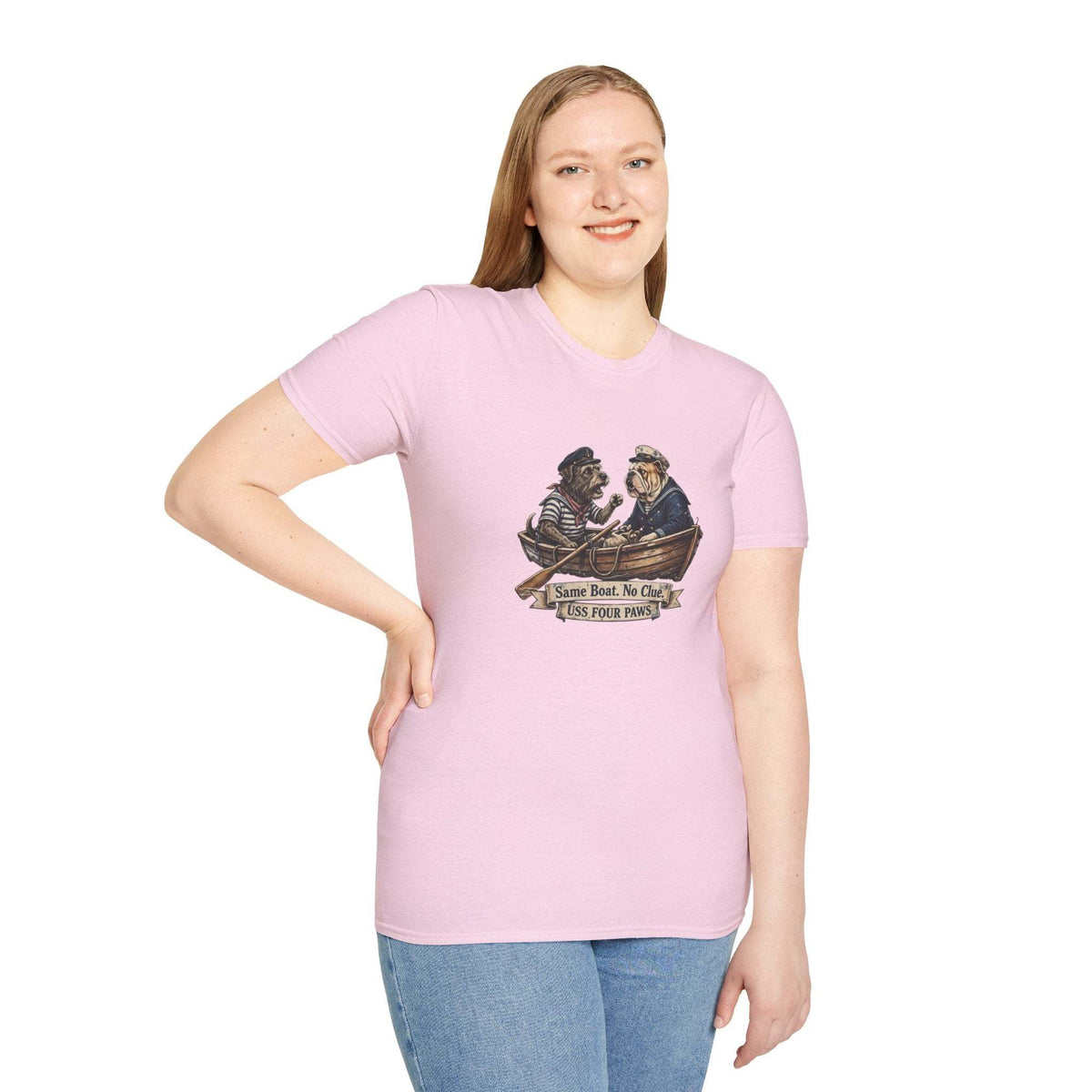 Two Old Salts Dog Shirt in pink cotton with a graphic of two sailors and a boat on the front