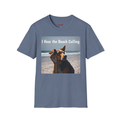Dog Lovers Unisex Softstyle T-Shirt with beach theme design and dog graphic.