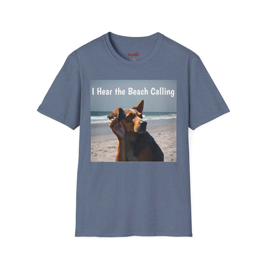 Dog Lovers Unisex Softstyle T-Shirt with beach theme design and dog graphic.