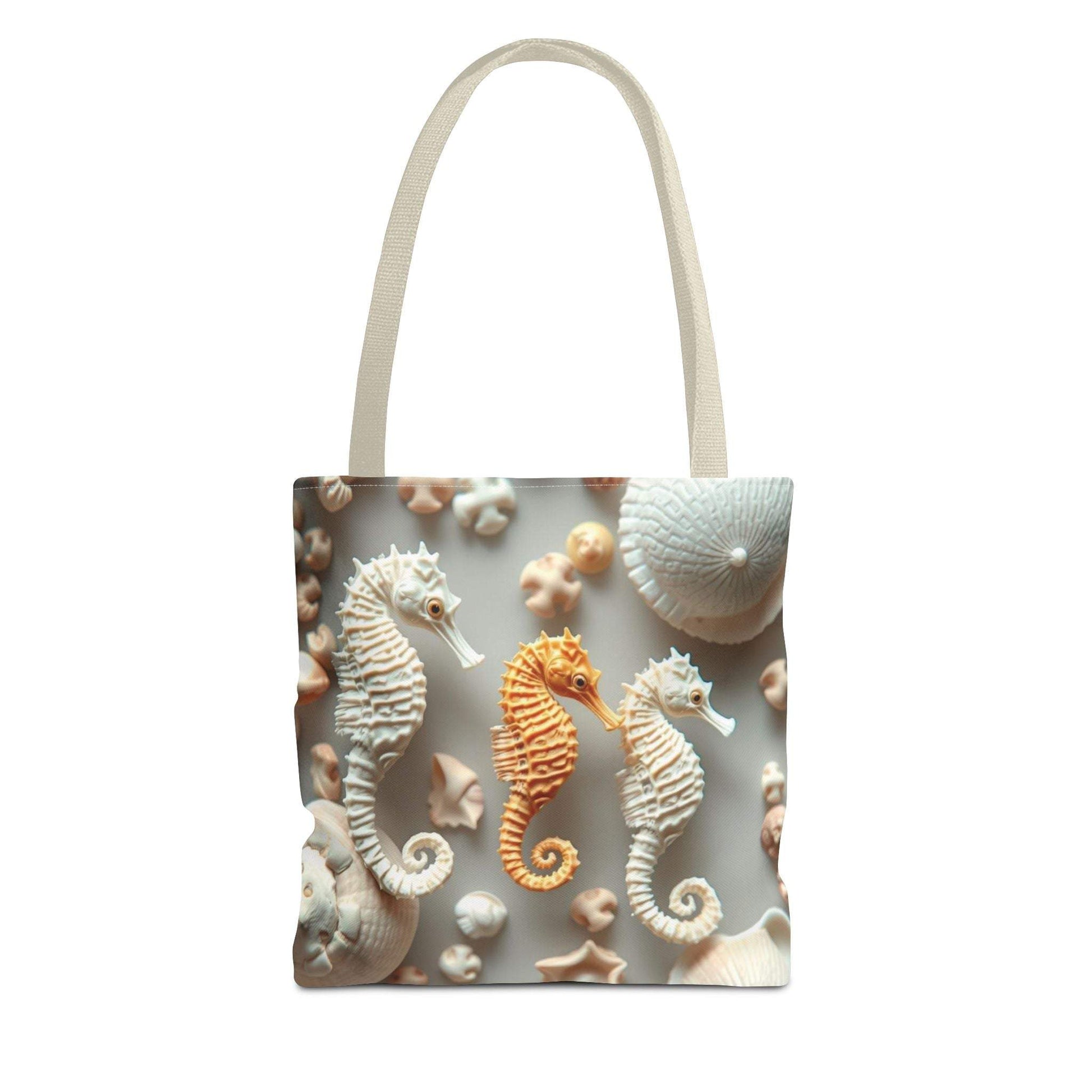 Seahorse-themed beach tote bag with artistic seahorses and seashells design.