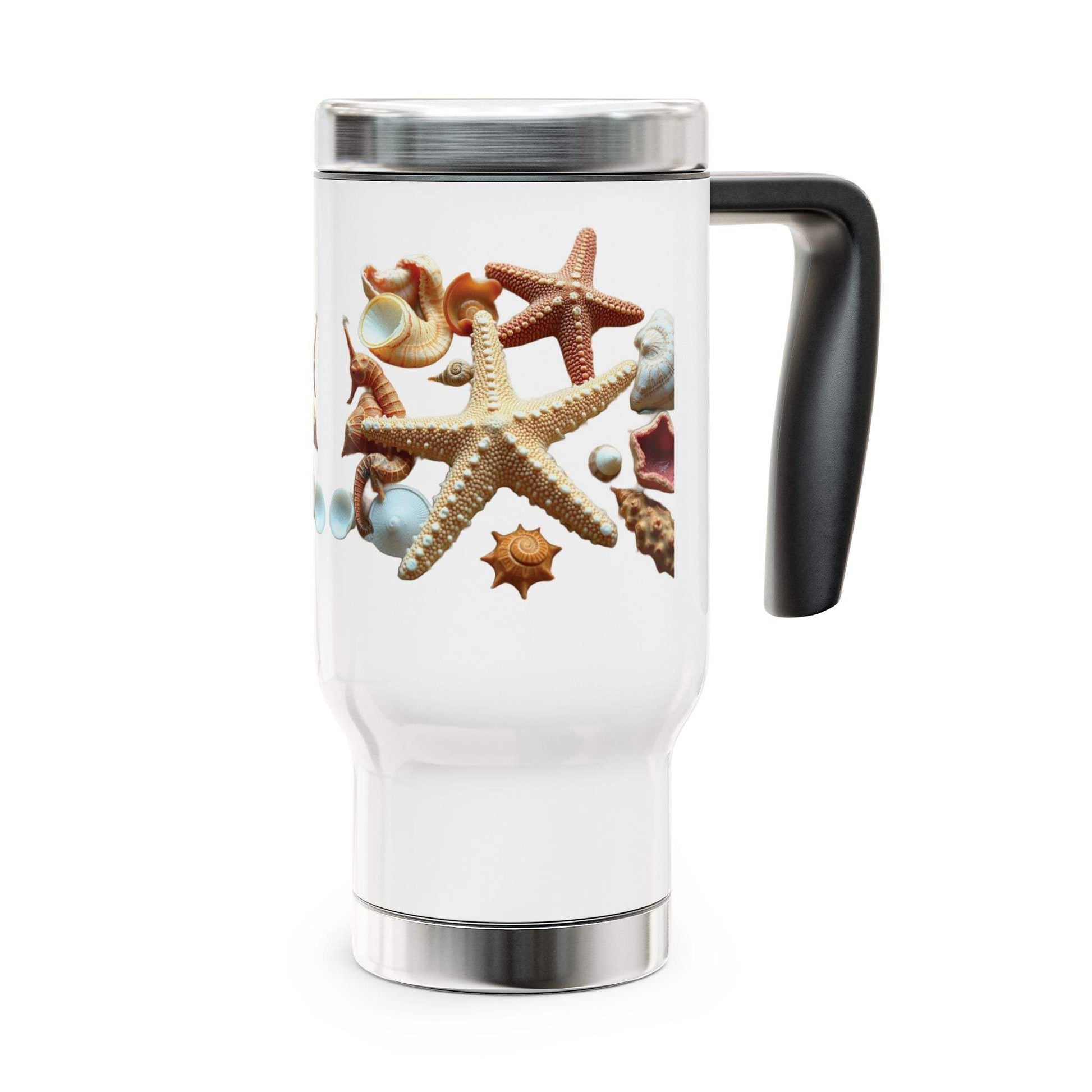 Stainless steel travel mug with handle, 14oz, featuring starfish design and spill-resistant cap.