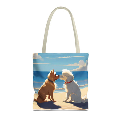 Stylish "Pups on The Beach" everyday tote bag, durable polyester with beach design, available in 3 sizes.