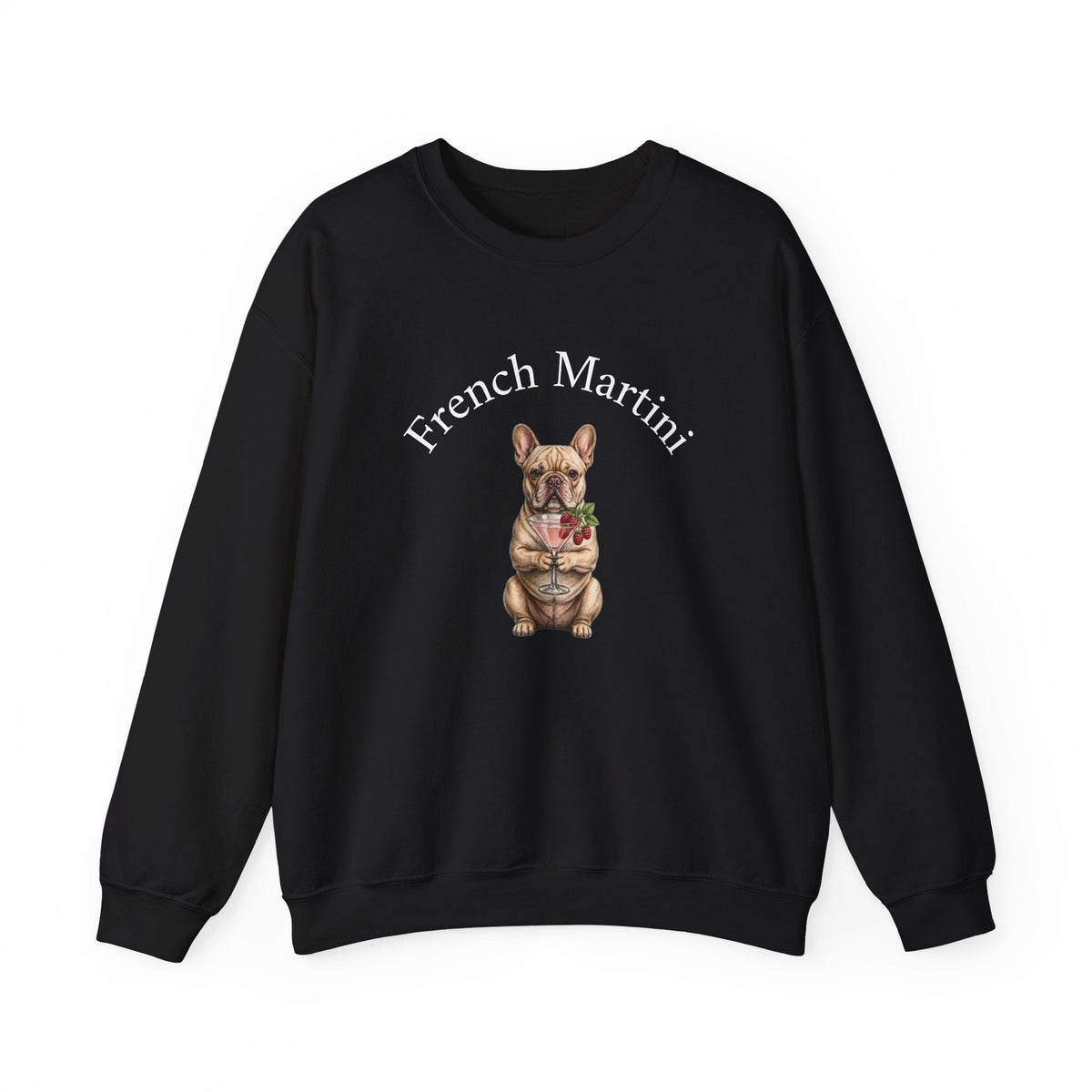 Unisex French Bulldog Martini Sweatshirt by Skylaki with black-and-white dog illustration and "French Martini" script, midweight cotton-poly blend