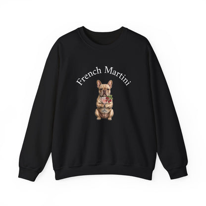Unisex French Bulldog Martini Sweatshirt by Skylaki with black-and-white dog illustration and "French Martini" script, midweight cotton-poly blend