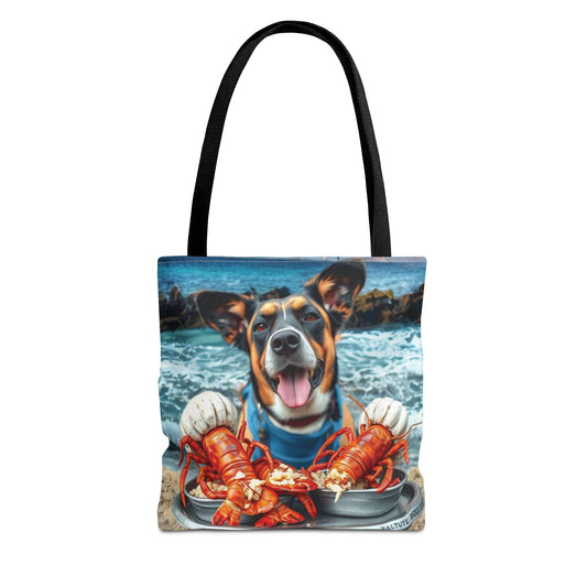 Vibrant Happy Dog Lobster Tote Bag with playful seaside design, perfect for pet lovers and beach outings.