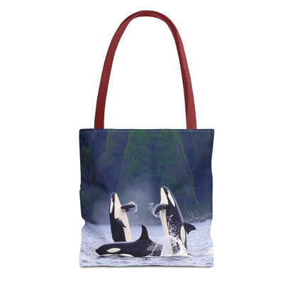 Eco-friendly ocean wildlife tote bag with orca whales design, ideal for shopping and everyday use.