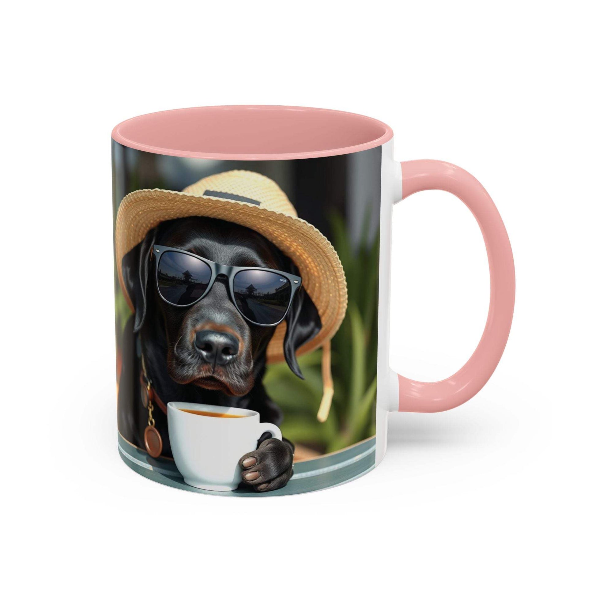 Coffee mug for dog lovers with playful design, pink interior, and handle, featuring dog wearing sunglasses and hat, 11/15oz.