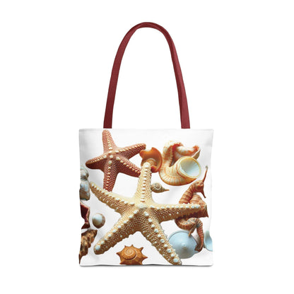 Beach tote bag with seashell and starfish design, polyester, durable, lightweight, summer accessory.