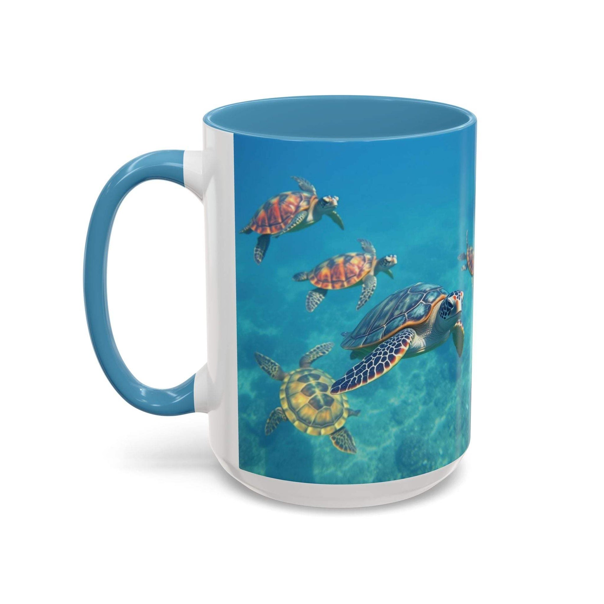 Ocean-inspired turtle accent coffee mug with vibrant colors and artistic design. Available in 11oz and 15oz sizes.