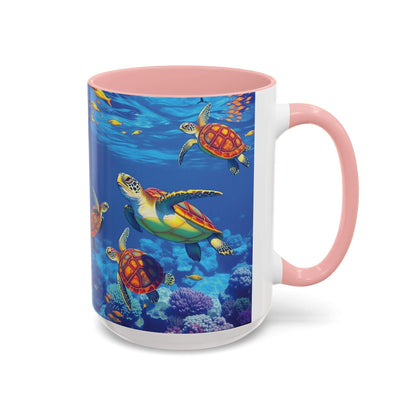Colorful coffee mug with sea turtle design, ocean decor for nature lovers.