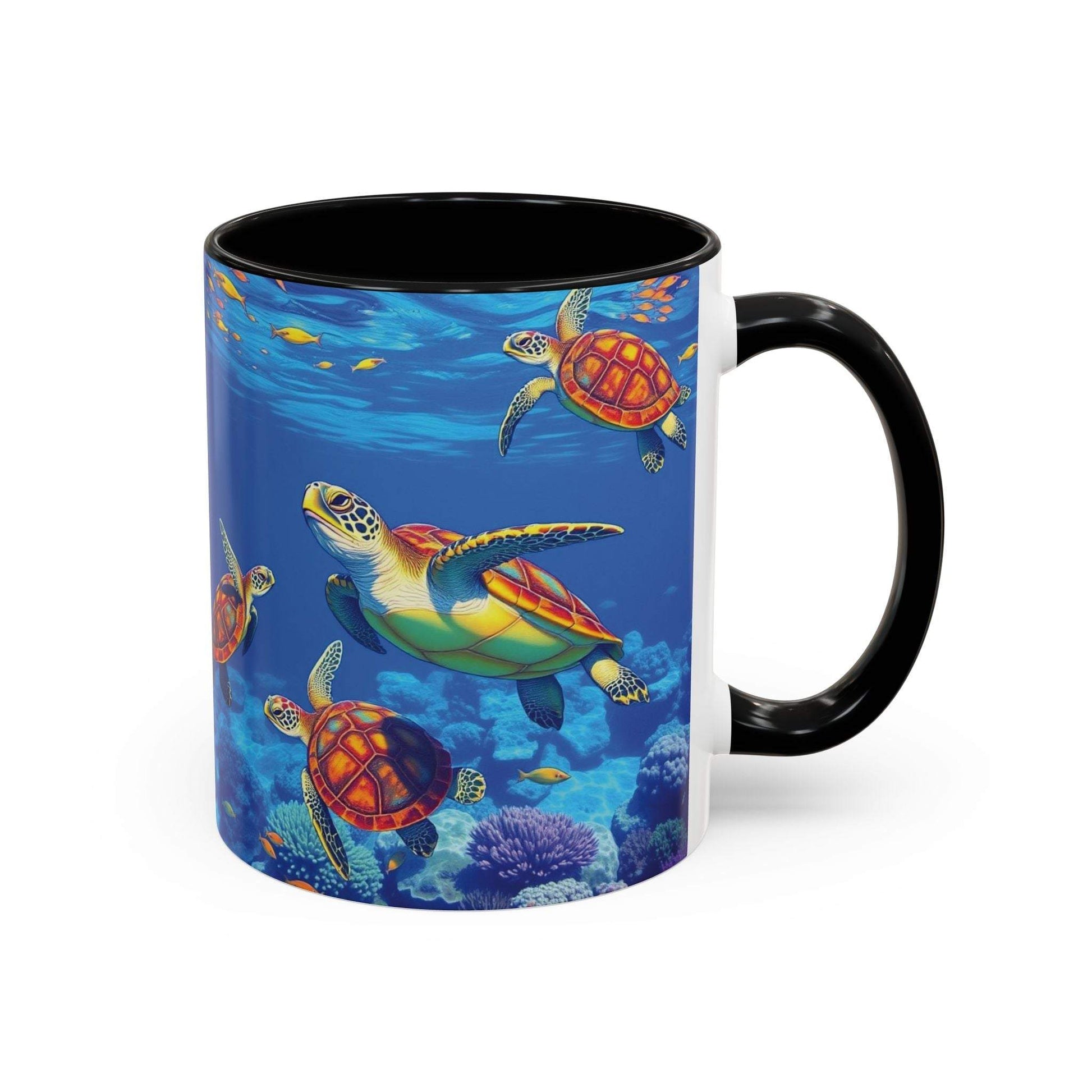 Colorful sea turtle coffee mug with ocean-themed design for nature lovers.