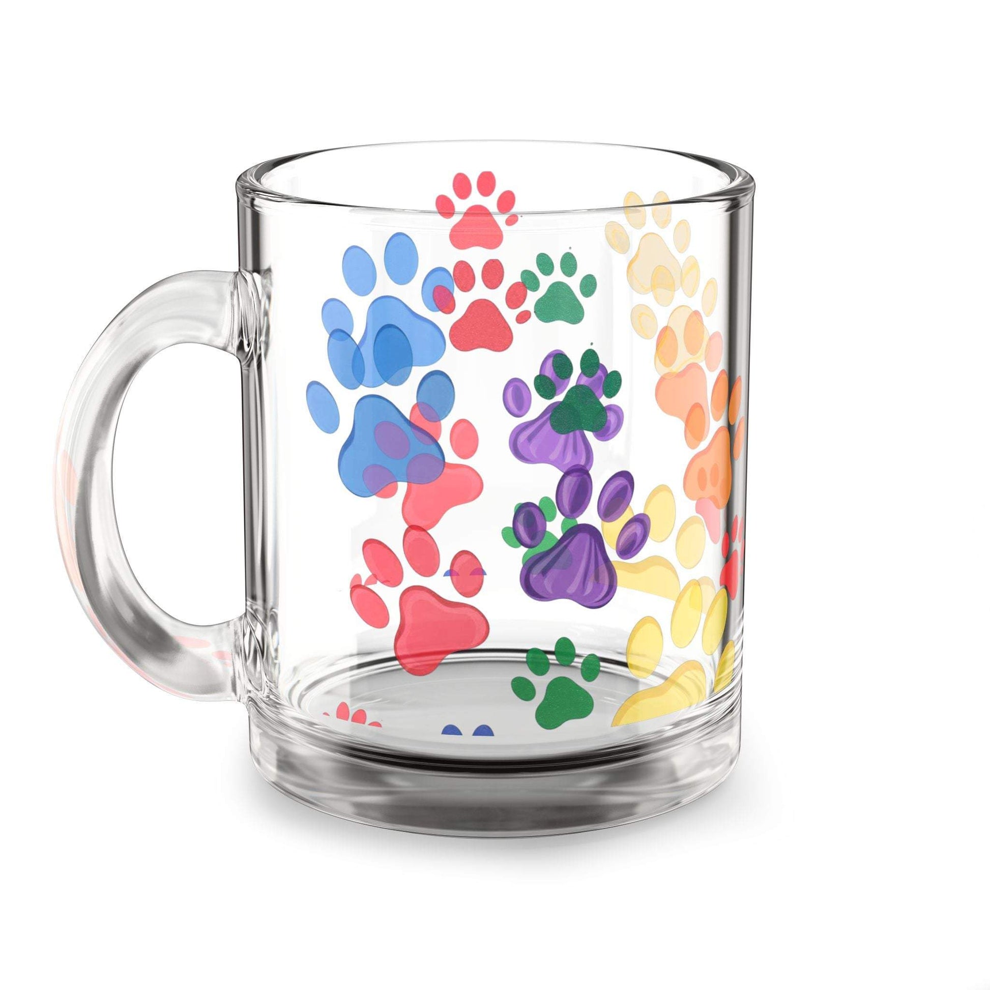 Paw Print Glass Mugs - 10oz with colorful paw design, perfect for pet lovers.
