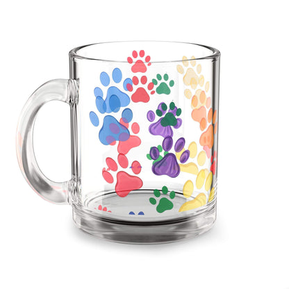 Paw Print Glass Mugs - 10oz with colorful paw design, perfect for pet lovers.