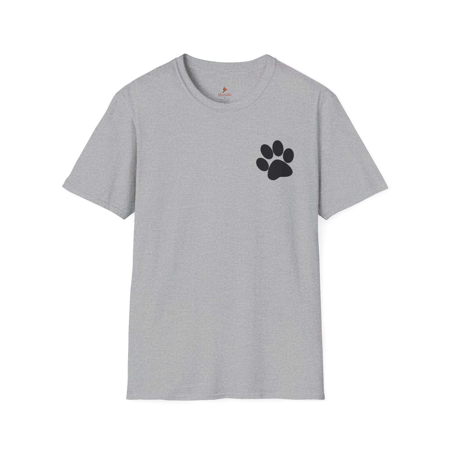 Minimalist white tee with small black paw print on chest pocket area