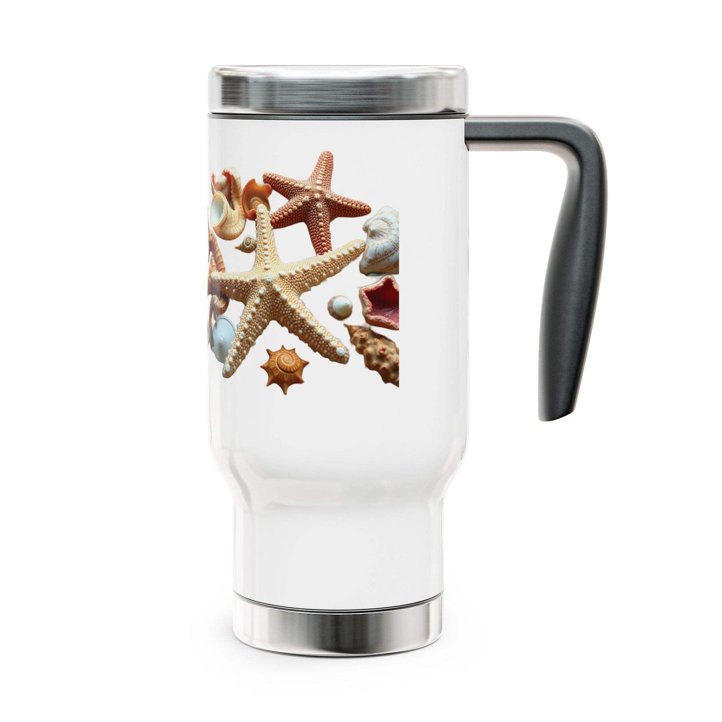 Stainless steel travel mug with handle and starfish design, 14oz.