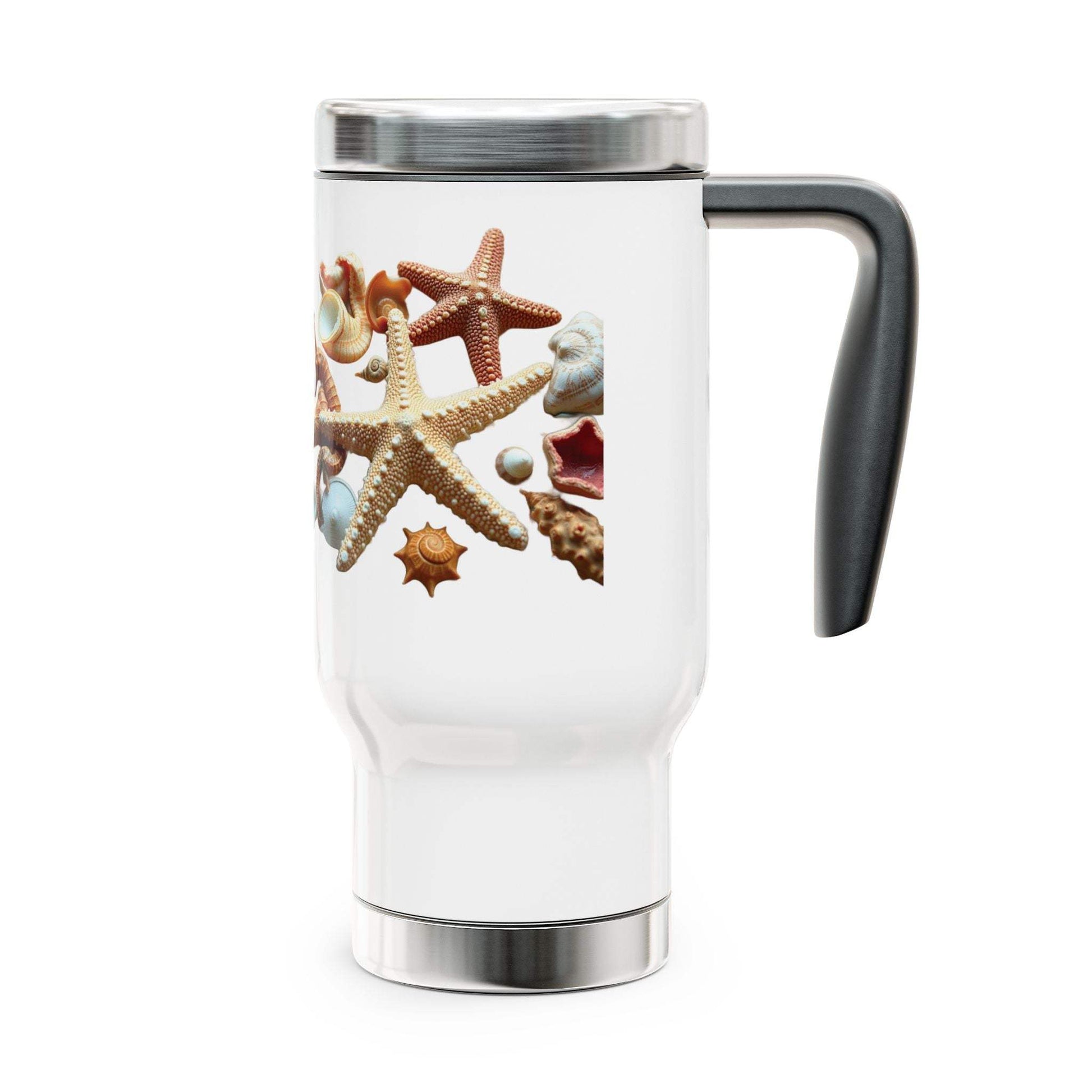 Stainless steel travel mug with handle and starfish design, 14oz.