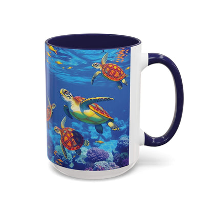 Coffee mug with colorful sea turtle design, ocean decor, for nature lovers.
