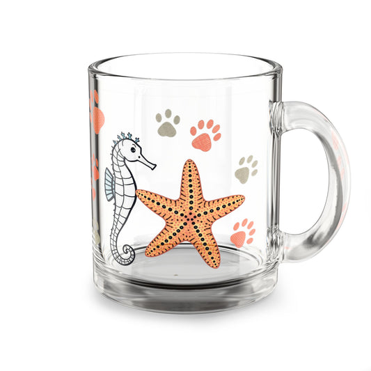 10oz Glass Mug — Cute Seahorse & Starfish with Coral Paw Prints