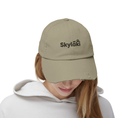Unisex distressed cap with Skylaki logo, perfect for dog lovers and casual outings.