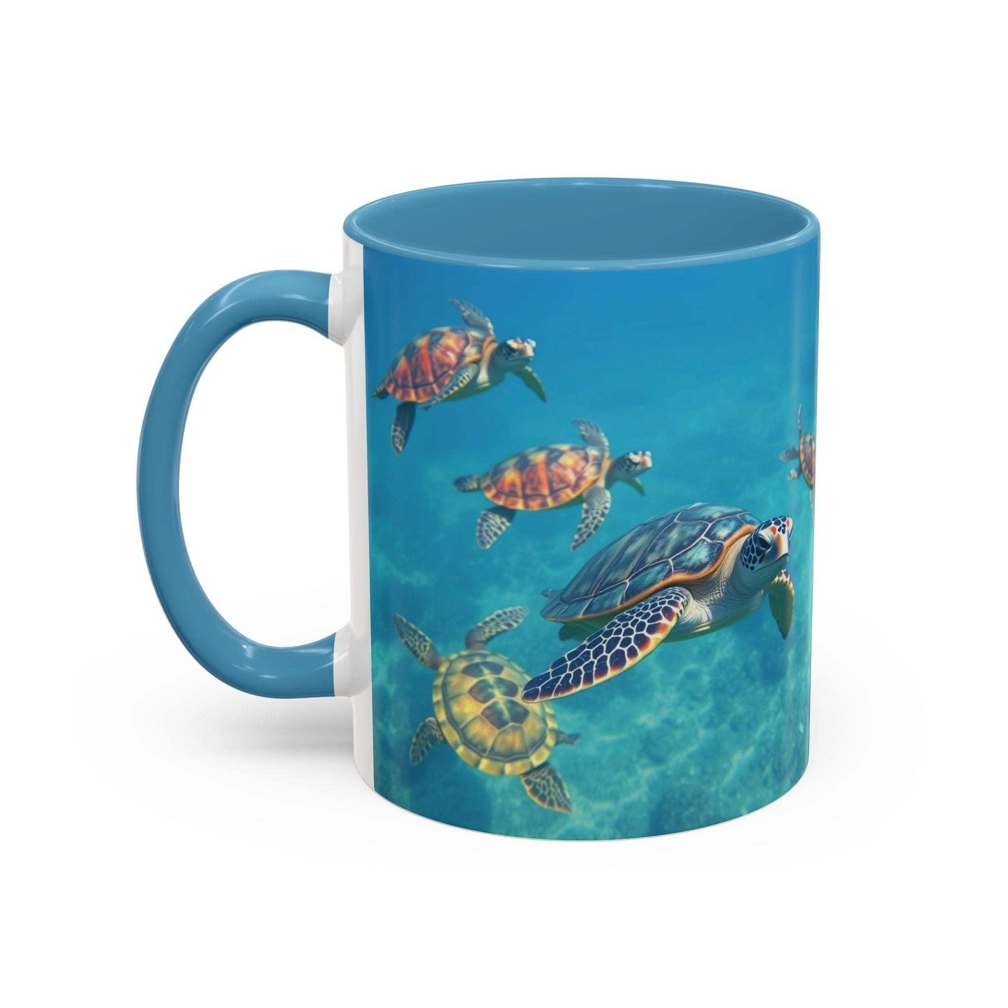 Ocean-Inspired Turtle Accent Coffee Mug with vibrant sea turtle design, available in 11oz and 15oz sizes.