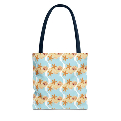 Seashell & Starfish Beach Tote Bag with coastal pattern, perfect for summer outings.