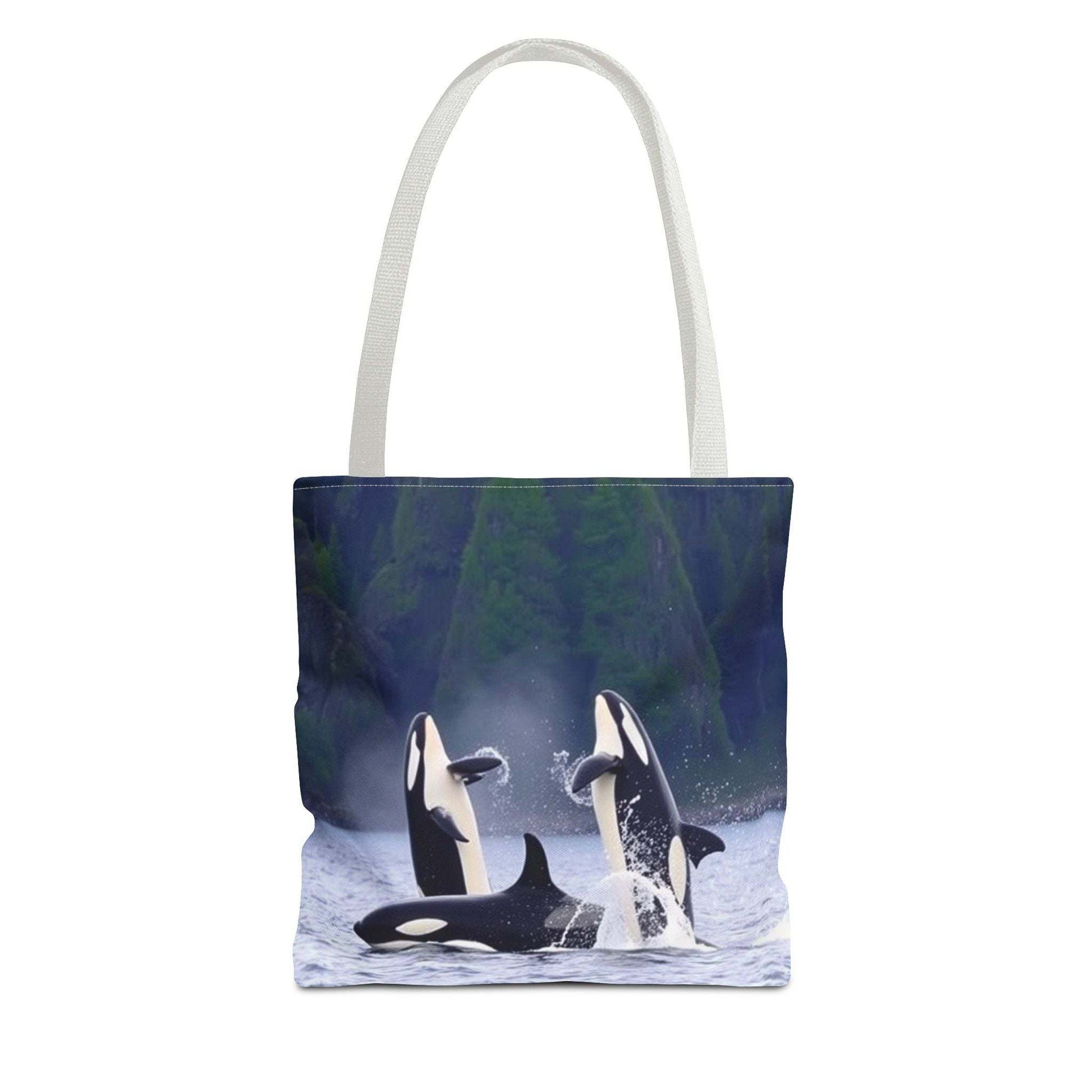 Eco-friendly tote bag with orca whale design, ideal for shopping and casual outings.