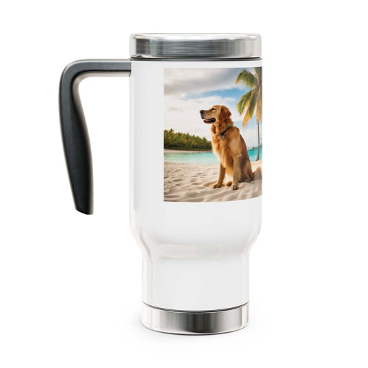 Stainless steel travel mug with handle, 14oz, featuring glossy white enamel finish and spill-resistant cap.