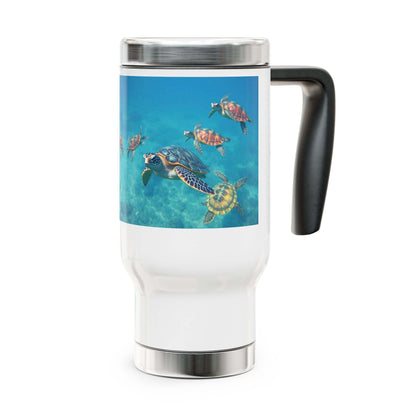 Stainless steel travel mug with handle, white enamel finish, featuring vibrant turtle design, 14oz.