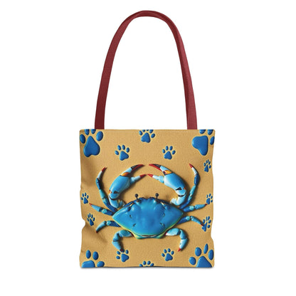 Blue crab pattern tote bag with red handles, perfect for beach lovers and summer adventures.