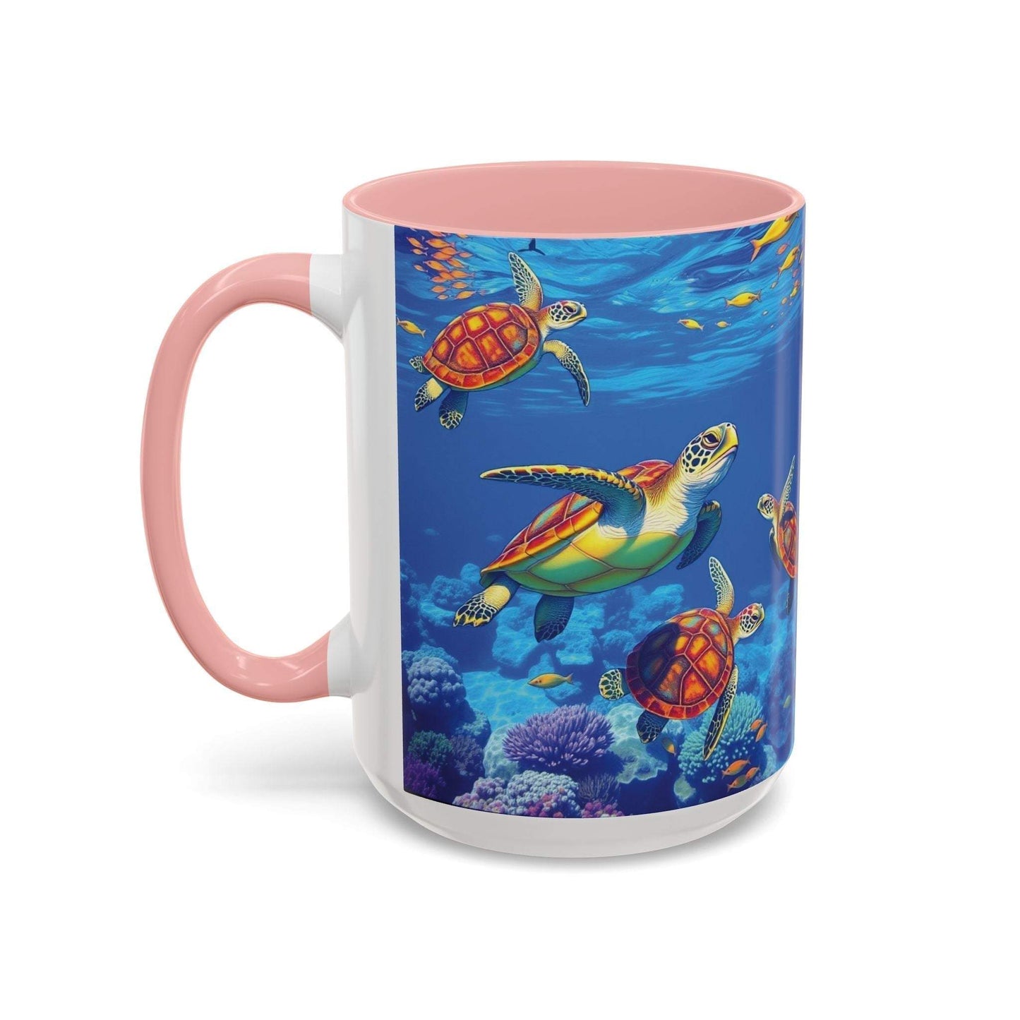 Coffee mug with vibrant sea turtle design, ocean-themed decor.