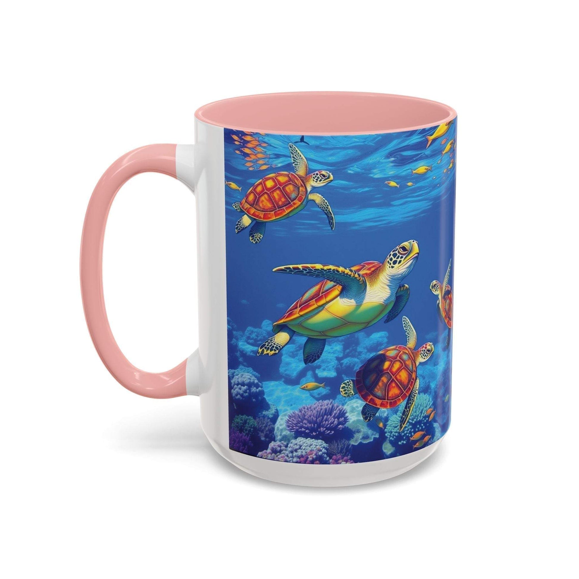 Coffee mug with vibrant sea turtle design, ocean-themed decor.