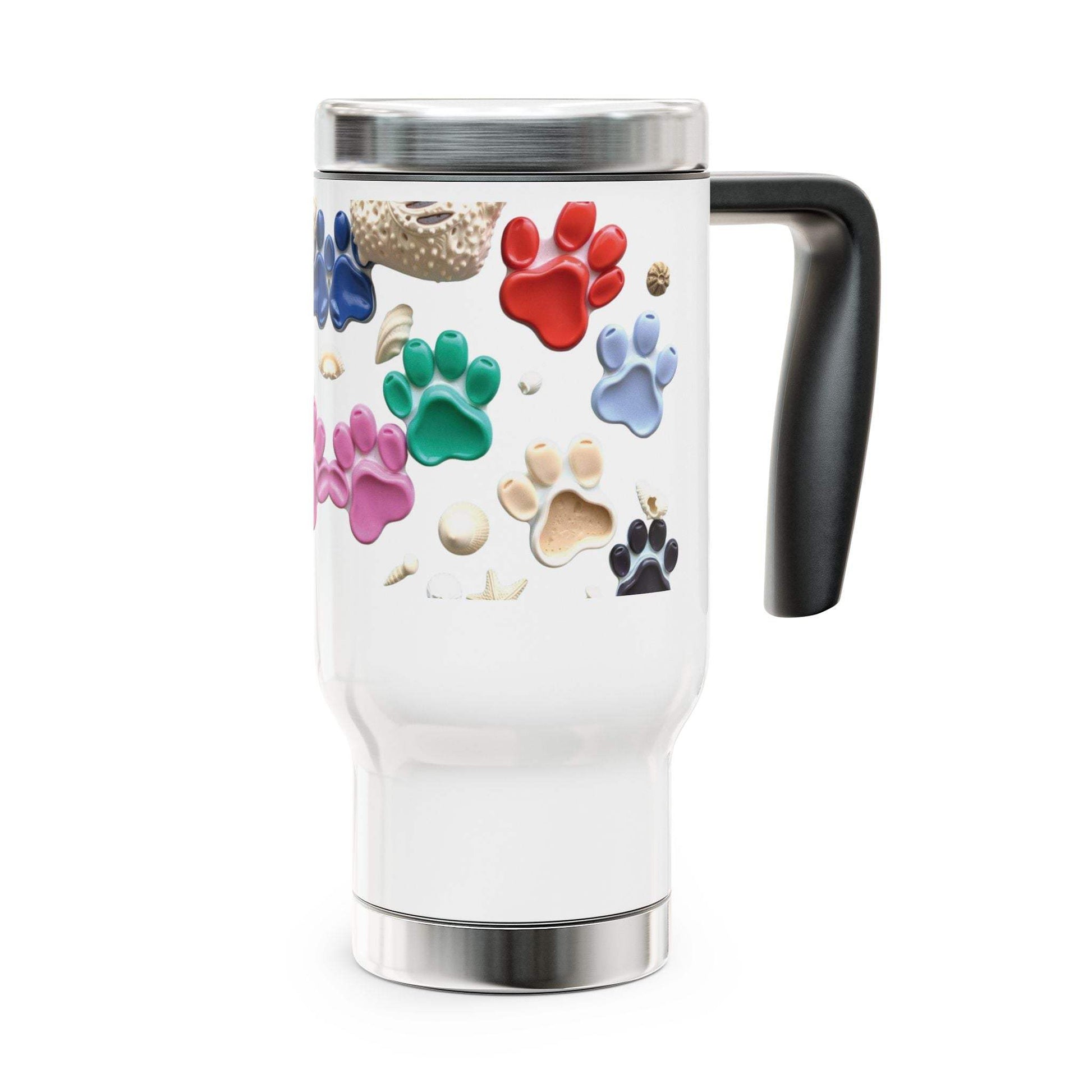 Stainless Steel Travel Mug with Handle, 14oz, white enamel finish, paw print design, spill-resistant cap.