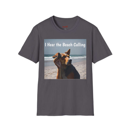 Dog Lovers Unisex Softstyle T-Shirt with beach-themed dog design.